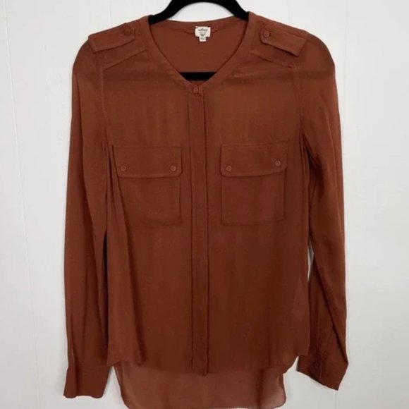 Aritzia Wilfred Silk Sheer Button Front Blouse XSmall XS Long Sleeve Orange Rust - Picture 1 of 6